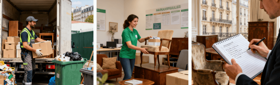 Triptyque valorisation débarras : recyclage centre tri, don association, estimation mobilier ancien
