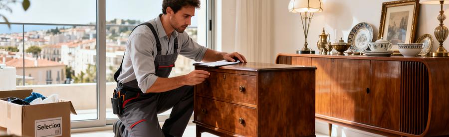 Expert débarras évaluant mobilier ancien et objets de valeur pour valorisation, estimation professionnelle