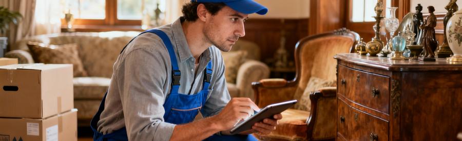 Valorisation Objets Debarras Estimation Professionnelle Expert débarras évaluant mobilier ancien pour valorisation, tablette estimation en main