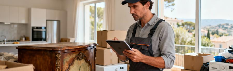 Professionnel évaluant objets valorisables débarras avec tablette, mobilier et électroménager récupérables