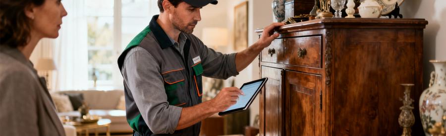 Valorisation Objets Debarras Expertise Aisne Expert évaluant meubles anciens et objets valeur lors visite débarras, estimation transparente