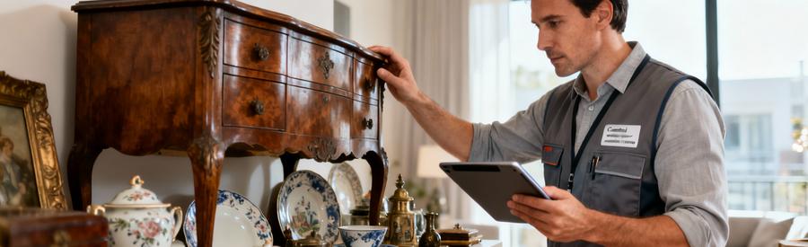 Expert débarras estimant objets valorisables, mobilier ancien et porcelaine pour réduction facture