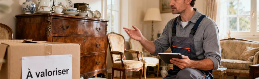 Expert débarras évaluant mobilier ancien pour valorisation, tablette et objets à estimer