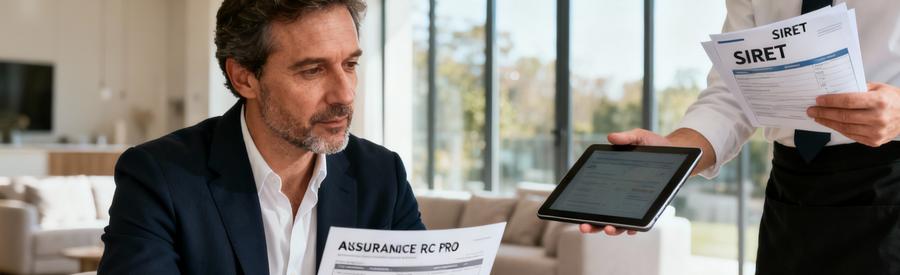 Client vérifiant documents officiels débarrasseur, devis et assurances, relation confiance professionnelle