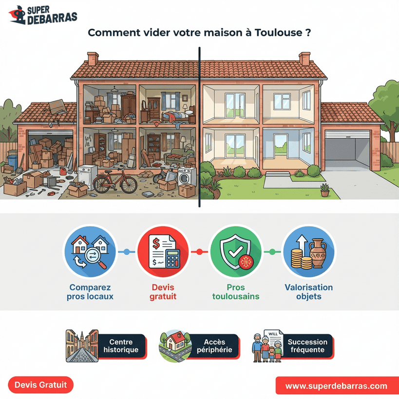 Guide débarras maison Toulouse : avant/après pavillon encombré, comparaison pros locaux, devis gratuit et valorisation objets