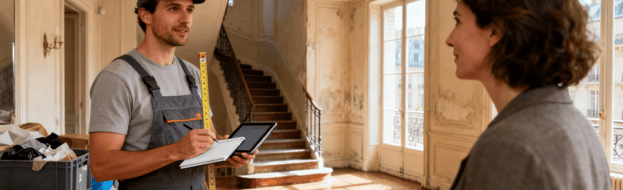 Technicien effectuant visite estimation débarras appartement haussmannien parisien, évaluation volumes