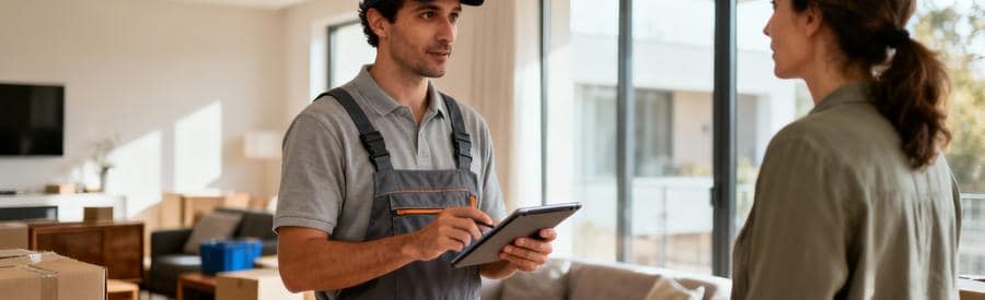 Expert débarras réalisant visite estimation gratuite appartement, évaluation volumes avec client