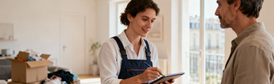 Professionnel évaluant volumes et contraintes lors visite débarras maison Bordeaux