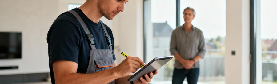 Professionnel effectuant visite technique débarras, évaluation volumes avec tablette numérique