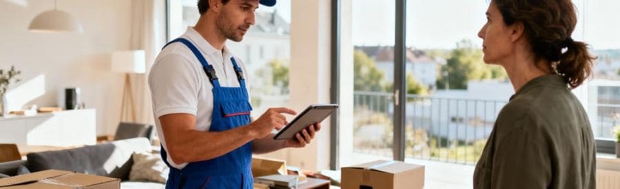 Expert débarras évaluant volumes appartement avec propriétaire, consultation professionnelle gratuite