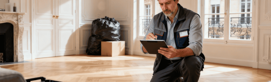 Visite Technique Debarras Evaluation Paris Professionnel effectuant visite technique débarras, évaluation volume et objets appartement parisien