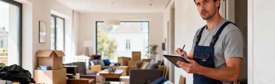 Visite Technique Debarras Evaluation Volumes Professionnel évaluant volumes lors visite technique débarras, tablette et mesures