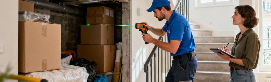 Expert débarras évaluant volumes lors visite technique appartement, mesure laser et inspection encombrants