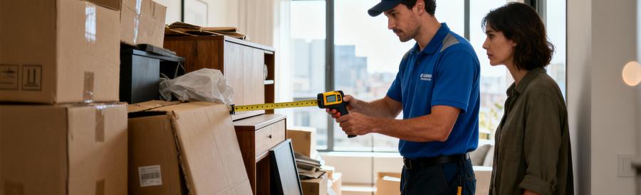 Expert débarras évaluant volumes encombrants lors visite technique gratuite appartement