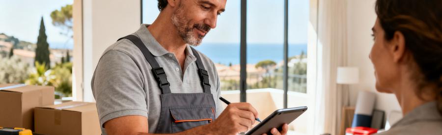 Professionnel débarras effectuant visite technique évaluation volume appartement Vence