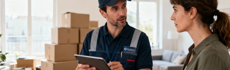 Expert débarras consultant client lors visite technique, évaluation volume et accessibilité Val-d'Oise