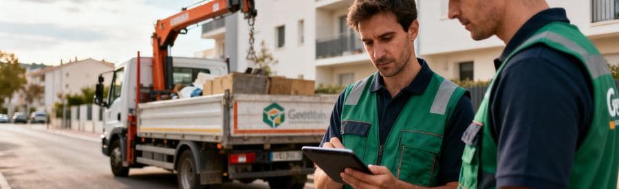 Camion débarras professionnel quartier résidentiel Valence, équipe planifiant intervention urbaine