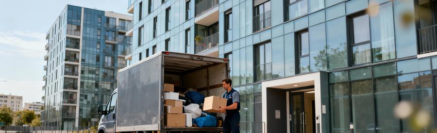 Débarrasseur chargeant encombrants avec accès direct parking immeuble moderne Plaine Saint-Denis