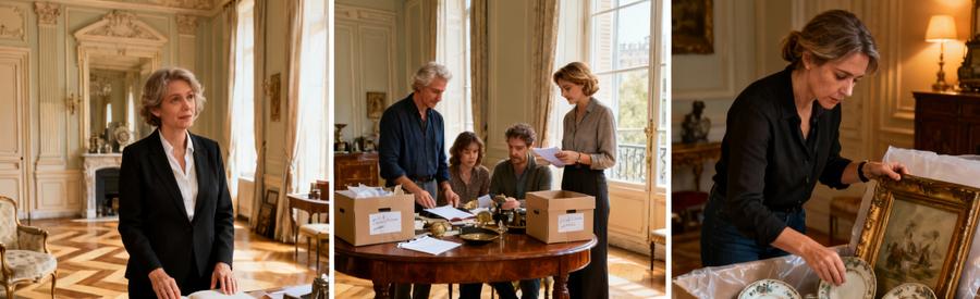 Professionnels triant avec famille objets héritage succession dans intérieur bourgeois Versailles