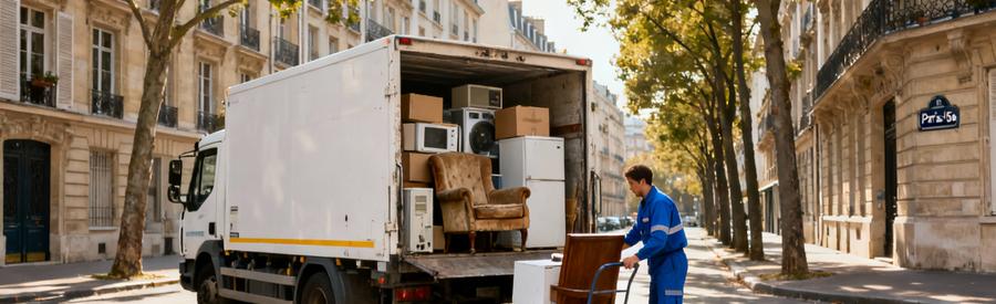Agent municipal chargeant encombrants dans camion-benne rue résidentielle du 15ème arrondissement parisien