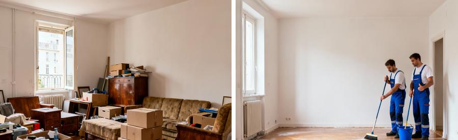 Avant-après évacuation complète d'appartement : salon encombré transformé en espace vide et nettoyé par professionnels