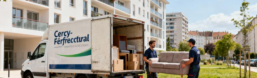 Camionnette de débarrasseur professionnel en intervention devant un immeuble à Cergy avec chargement de meubles