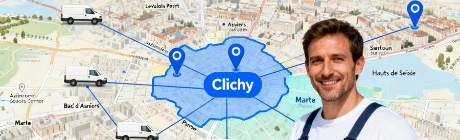 Carte des zones d'intervention des professionnels à Clichy et communes limitrophes dans les Hauts-de-Seine