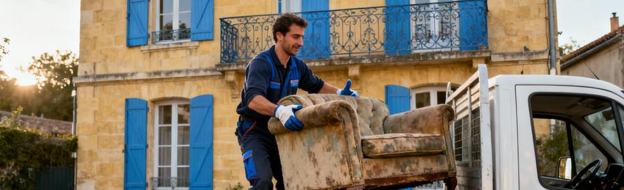Professionnel chargeant rapidement des encombrants dans camionnette devant maison bordelaise en pierre blonde