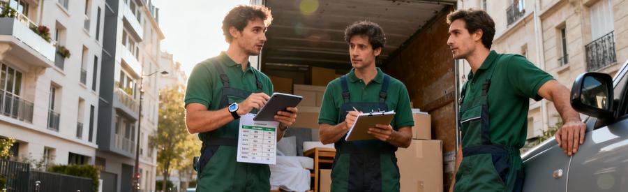 Trois débarrasseurs en pied comparant devis devant camionnette chargée encombrants quartier parisien