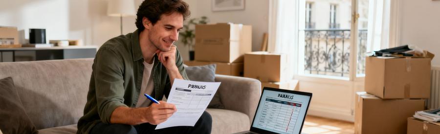 Client comparant plusieurs devis débarras sur table basse appartement parisien moderne avec cartons préparés