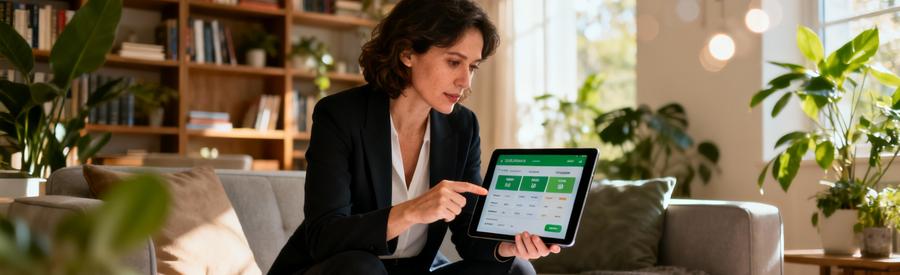 Femme comparant devis débarras grenier sur tablette dans salon moderne