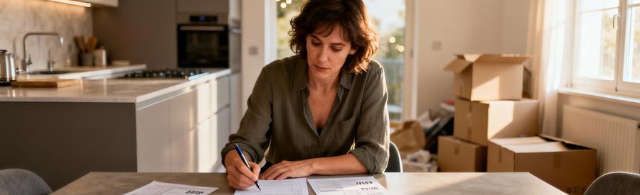 Femme comparant cinq devis débarras maison sur table cuisine, cartons arrière-plan, lumière naturelle