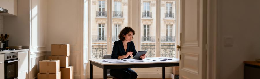 Femme consultant tablette comparant devis débarras appartement parisien avec cartons arrière-plan