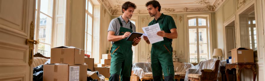 Deux débarrasseurs en pied comparant devis dans appartement haussmannien parisien avec encombrants à évacuer