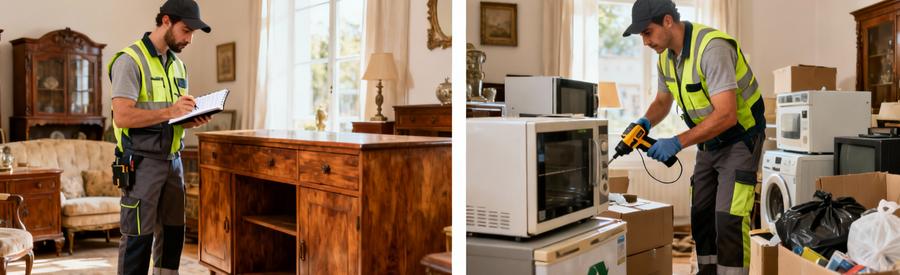 Deux débarrasseurs aux expertises différentes : brocanteur évaluant meubles anciens et spécialiste recyclage triant encombrants