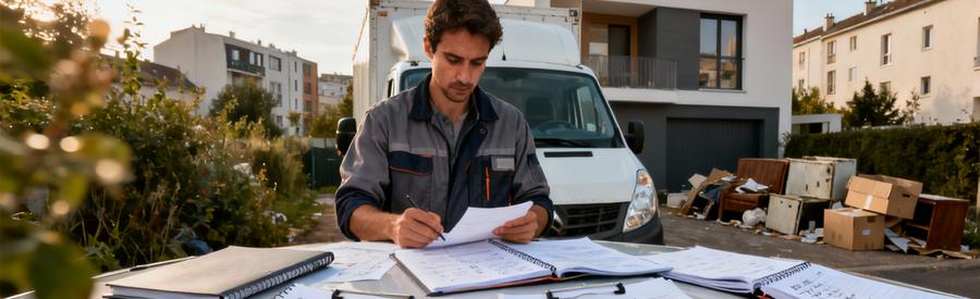Débarrasseur comparant plusieurs offres papier sur camionnette à Champigny-sur-Marne pour évaluation tarifaire