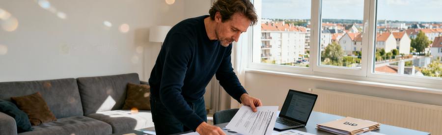 Personne comparant offres débarras sur documents papier, organisation simplifiée sans relances téléphoniques