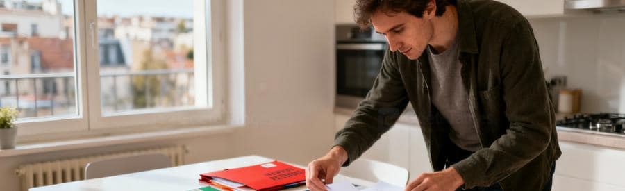 Personne comparant sereinement propositions débarras sur documents papier dans cuisine moderne Aulnay-sous-Bois