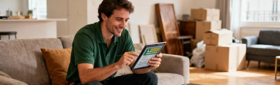 Personne comparant plusieurs offres de débarras sur tablette dans son salon à Levallois-Perret avec documents étalés