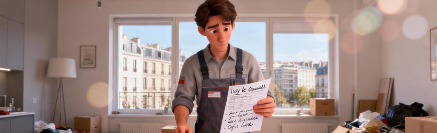 Professionnel comparant plusieurs offres débarras sur documents papier dans appartement Issy-les-Moulineaux