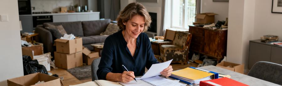 Personne comparant offres débarrasseurs sur documents papier dans salon Les Mureaux avec encombrants