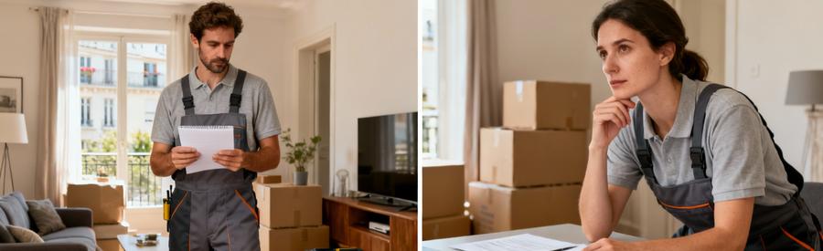 Professionnels évaluant encombrants appartement T3 Melun pour comparaison offres débarras Seine-et-Marne