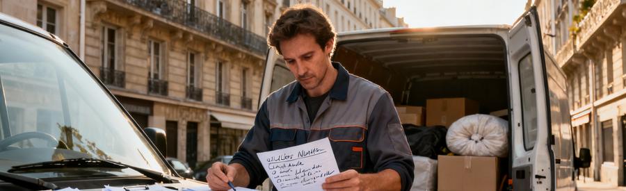 Débarrasseur comparant plusieurs offres papier pour intervention dans quartier parisien du 11ème arrondissement