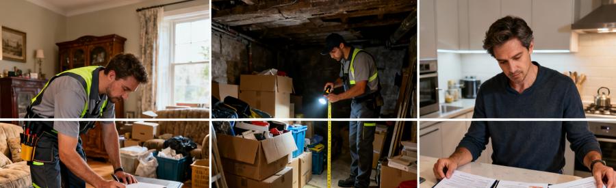 Trois professionnels évaluant encombrants Plaisir pour comparaison offres et économies optimales vide-maison