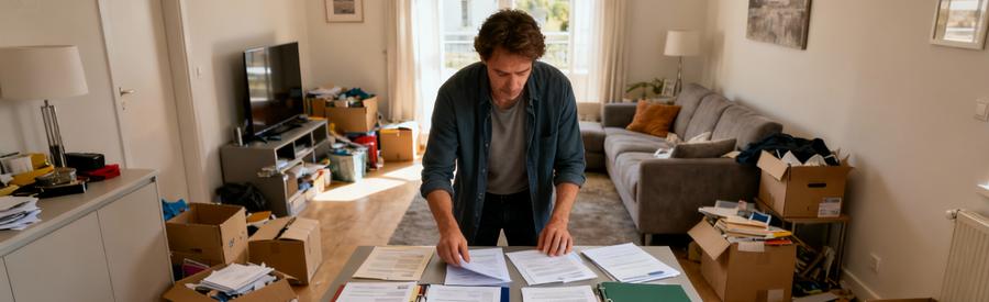 Personne organisant documents professionnels pour vide-maison à Pontault-Combault