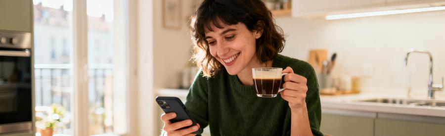 Femme comparant tranquillement les offres de professionnels du débarras sur son téléphone à Alfortville