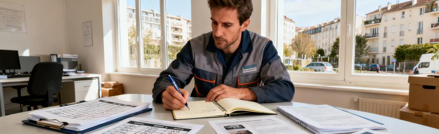 Professionnel comparant documents papier pour évaluer offres débarras selon critères qualité-prix et délais