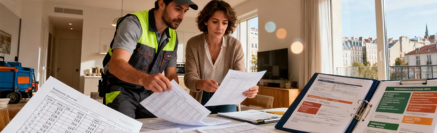 Client et débarrasseur comparant plusieurs offres de prestations sur documents papier dans appartement Aubervilliers