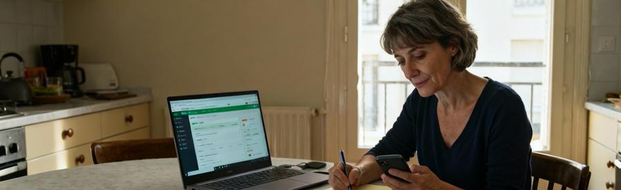 Comparaison Professionnels Debarras Maisons Alfort Femme comparant plusieurs professionnels du débarras en ligne sur ordinateur à Maisons-Alfort avec carnet de notes