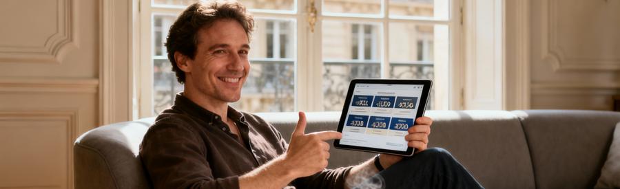 Personne comparant plusieurs propositions de professionnels sur tablette depuis son canapé à Neuilly-sur-Seine